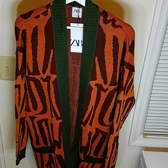 Zara Abstract Jacquard Cardigan Brown - Picture 1 of 3